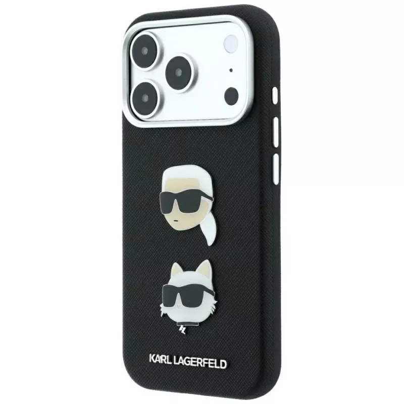 Karl Lagerfeld KF003249 Saffiano with Karl & Choupette Heads Pins & Logo ümbris iPhone 18 Pro / 17 Pro jaoks, must