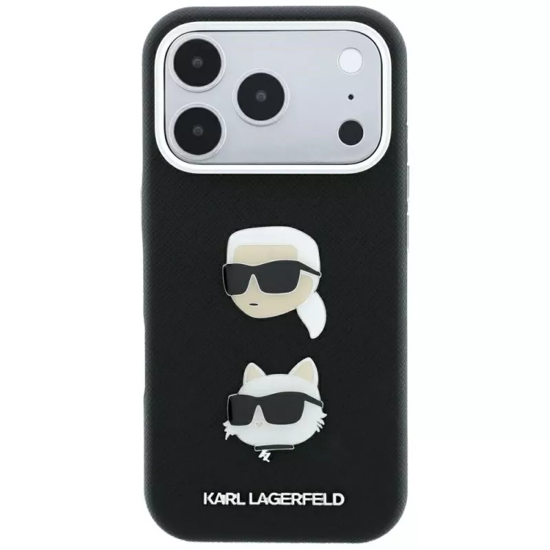 Karl Lagerfeld KF003249 Saffiano with Karl & Choupette Heads Pins & Logo ümbris iPhone 18 Pro / 17 Pro jaoks, must