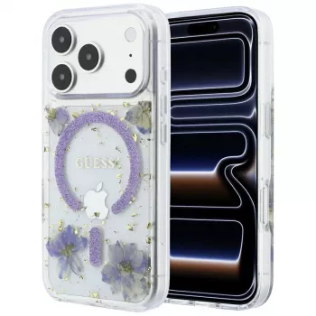 Guess Resin Flowers Glitter MagSafe ümbris iPhone 18 Pro Max / 17 Pro Max, lilla