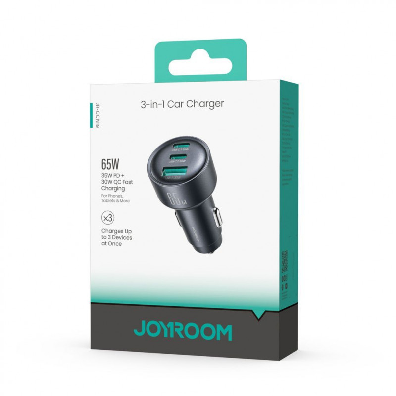 Joyroom JR-CCN19 autolaadija, 65 W, 2x USB-C + USB-A, tumehall