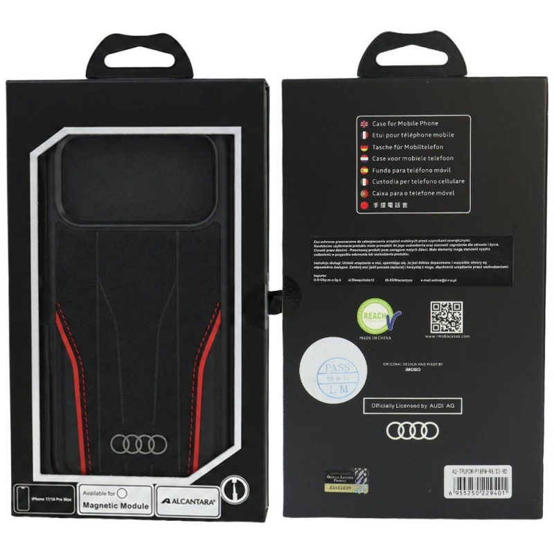 Audi R8 Genuine Leather MagSafe ehtnahast ümbris iPhone 18 Pro Max / 17 Pro Max, must ja punane (AUDI000240)