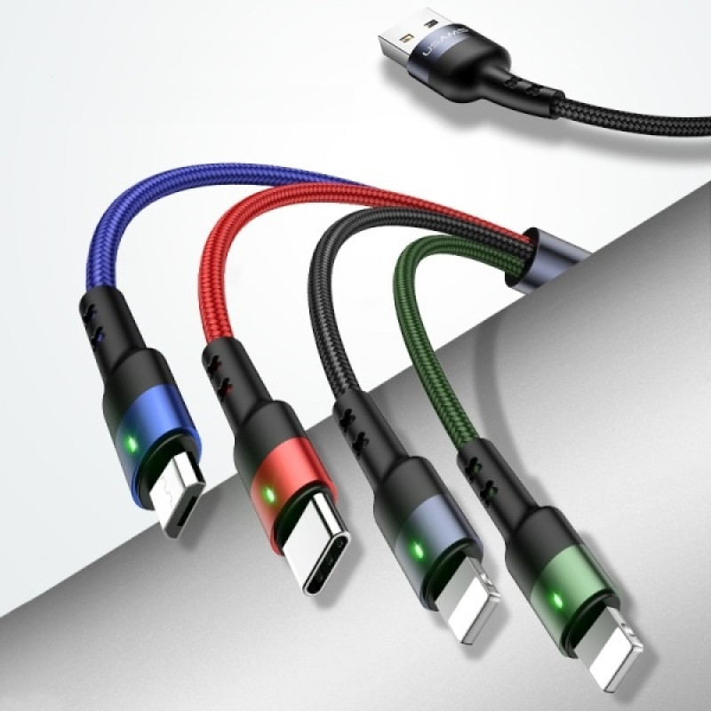 USAMS U26 SJ413USB01 (US-SJ413) 4-ühes nailonpunutud kaabel, 3 m, 2 A (2x Lightning/microUSB/USB-C)