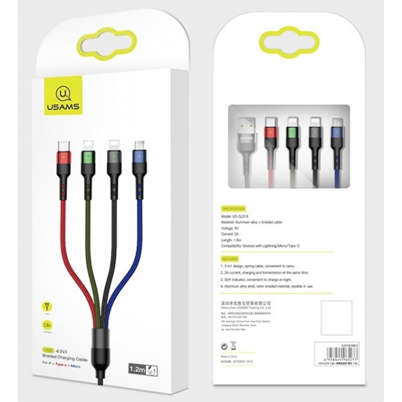 USAMS U26 SJ413USB01 (US-SJ413) 4-ühes nailonpunutud kaabel, 3 m, 2 A (2x Lightning/microUSB/USB-C)