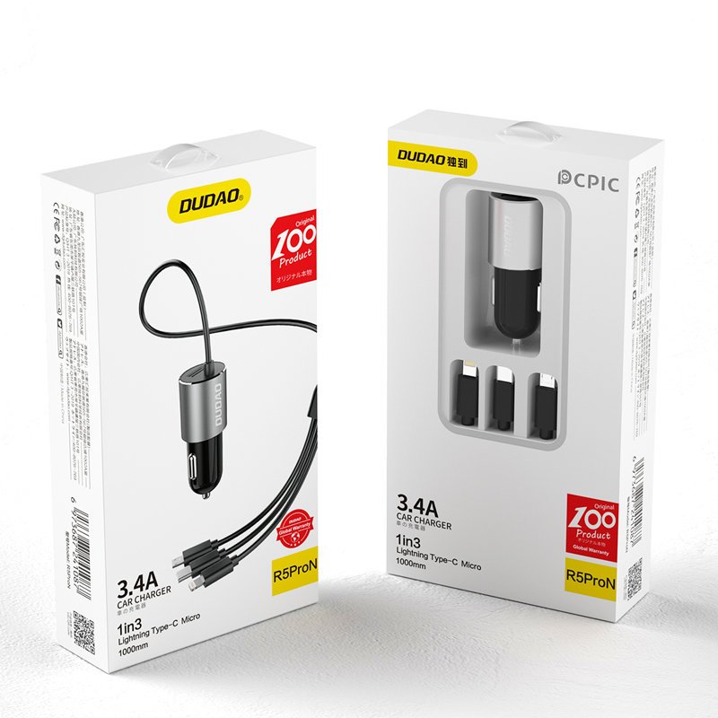 Dudao R5ProN autolaadija sisseehitatud 3-ühes kaabliga (Lightning / USB-C / micro USB), 3,4 A, 1 m, must