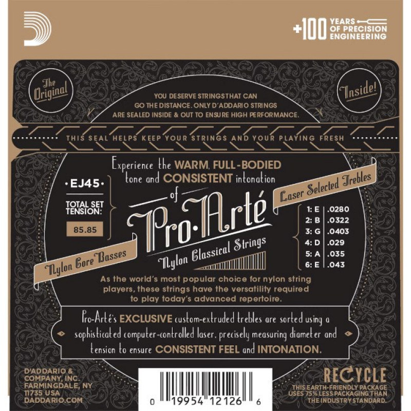 Daddario D'Addario EJ45 Pro-Arté nailonist klassikalise kitarri keeled, normaalne pinge, 28-43