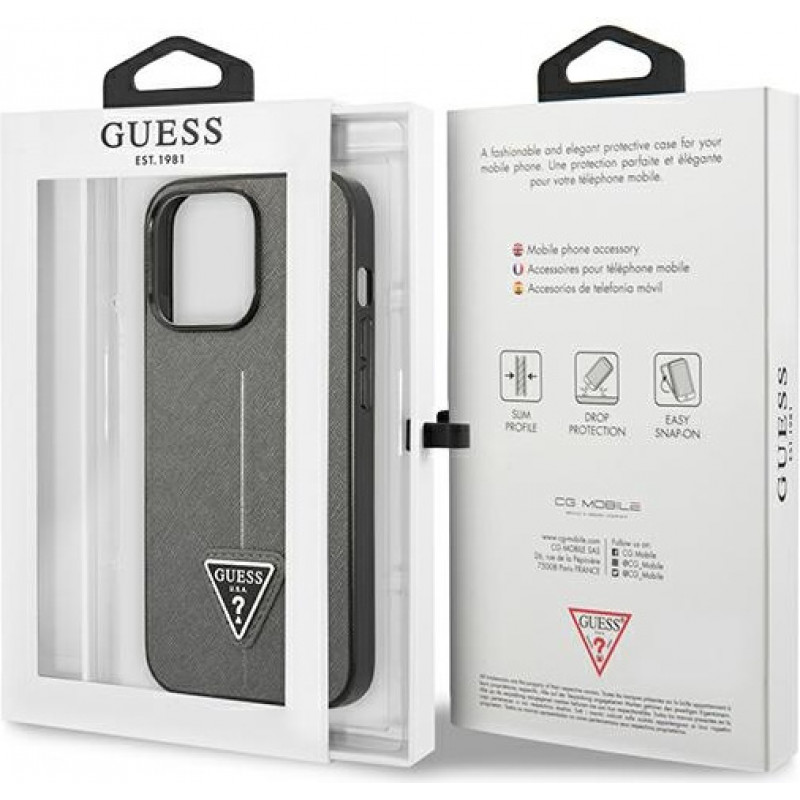 Guess GUHCP13LPSATLG kõva ümbris Apple iPhone 13 Pro jaoks, Saffiano Triangle Logo, hõbedane