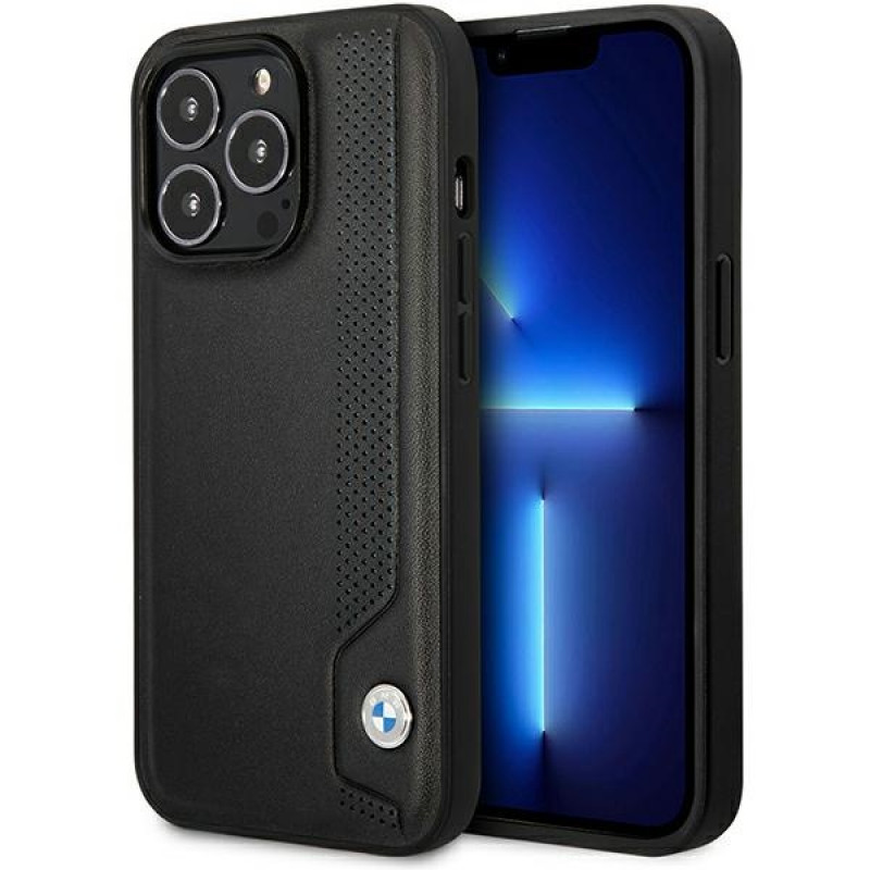 BMW BMHCP14L22RBDK Leather Blue Dots kõva ümbris telefonile iPhone 14 Pro 6,1", must