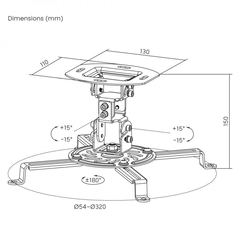 Maclean MC-200 W projektori laekinnitus, teras, 54–320 mm, kuni 13,5 kg, valge
