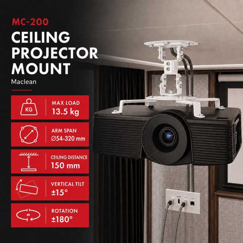 Maclean MC-200 W projektori laekinnitus, teras, 54–320 mm, kuni 13,5 kg, valge