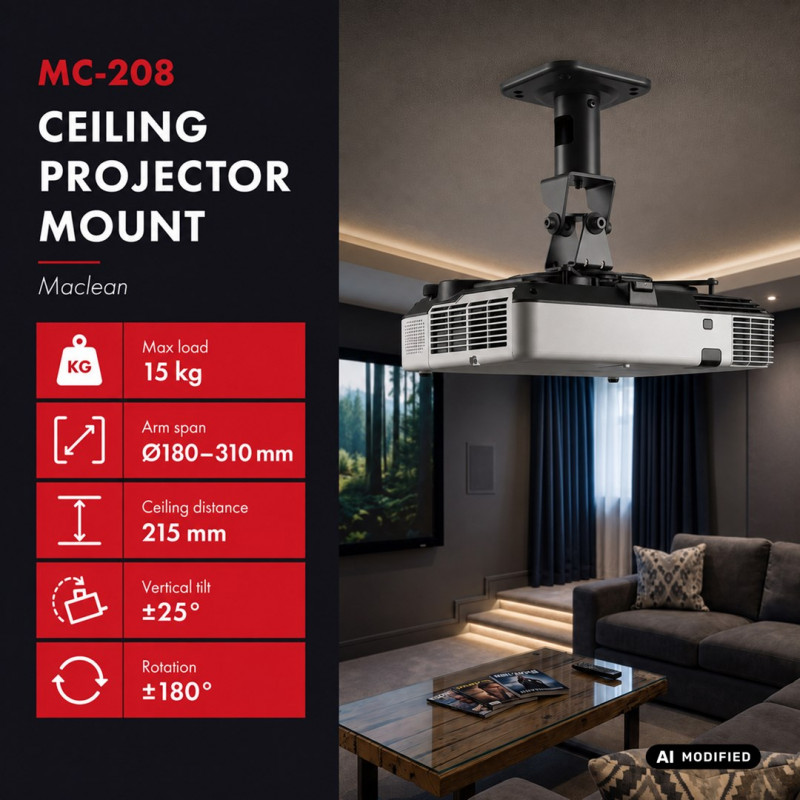 Maclean MC-208 B projektori laekinnitus, teras, 180–310 mm, kuni 15 kg, must