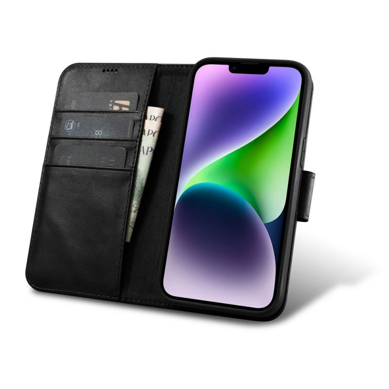 iCarer Oil Wax Wallet Case 2in1 nahast kaanega ümbris iPhone 14 Plus jaoks, Anti-RFID, must (WMI14220723-BK)