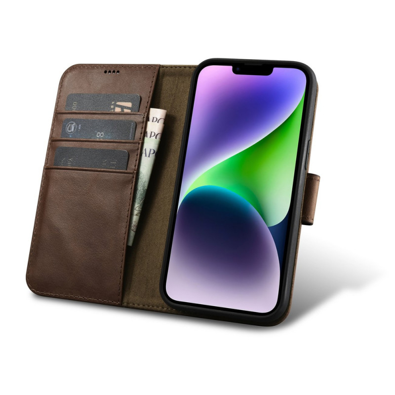 iCarer Oil Wax Wallet Case 2in1 nahast kaanega ümbris iPhone 14 Plus jaoks, Anti-RFID, pruun (WMI14220723-BN)