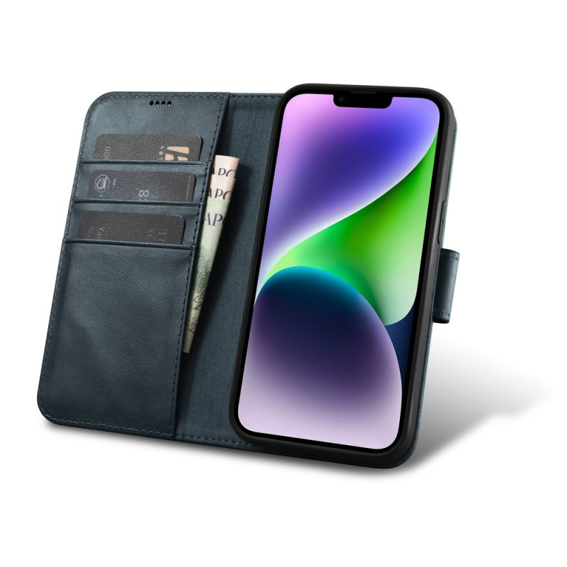 iCarer Oil Wax Wallet Case 2in1 nahast kaanega ümbris iPhone 14 Plus jaoks, Anti-RFID, sinine (WMI14220723-BU)