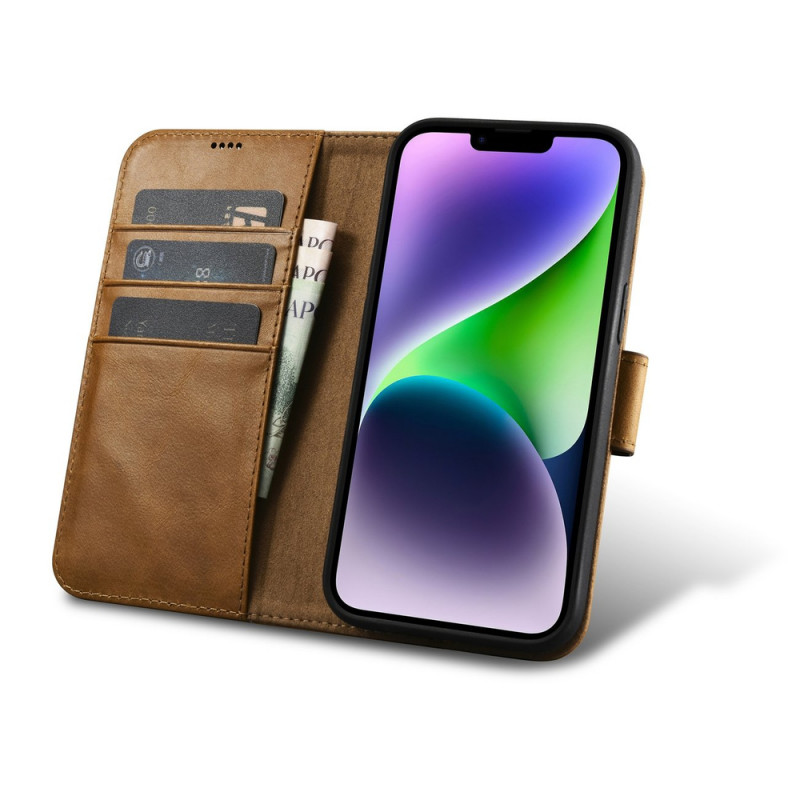 iCarer Oil Wax Wallet Case 2in1 nahast kaanega ümbris iPhone 14 Plus jaoks, Anti-RFID, pruun (WMI14220723-TN)