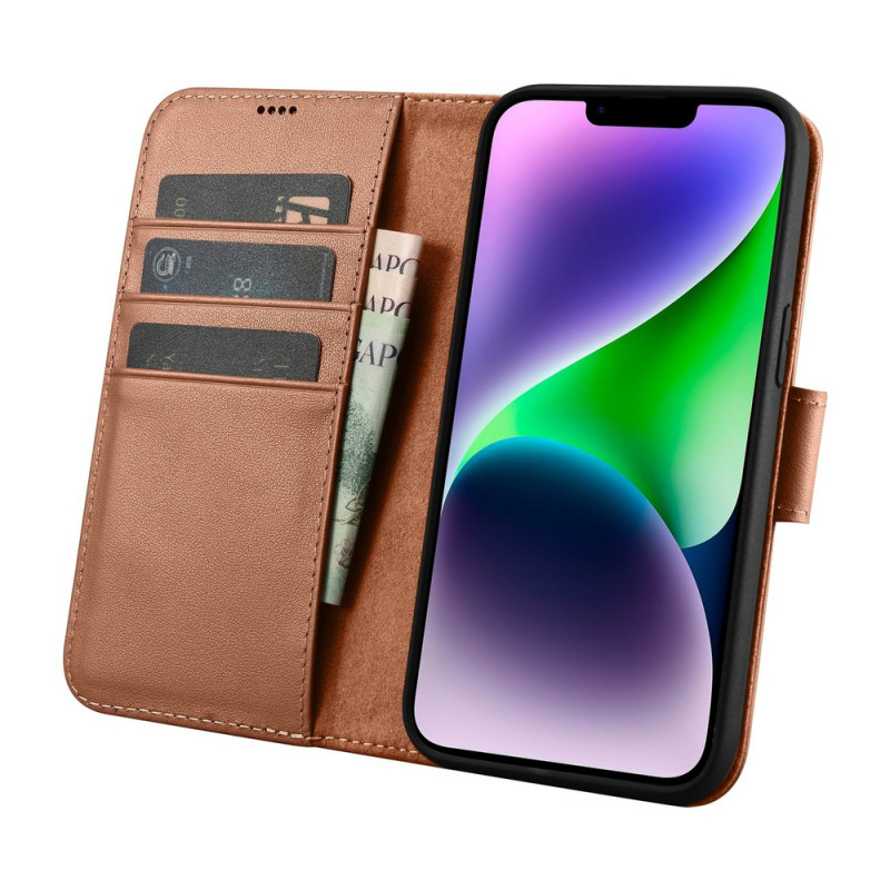 iCarer Wallet Case 2in1 nahast kaanega ümbris iPhone 14 Plus jaoks, Anti-RFID, pruun (WMI14220727-BN)