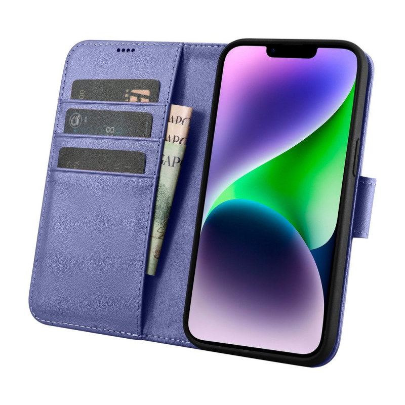 iCarer Wallet Case 2in1 nahast kaanega ümbris iPhone 14 Plus jaoks, Anti-RFID, helelilla (WMI14220727-LP)