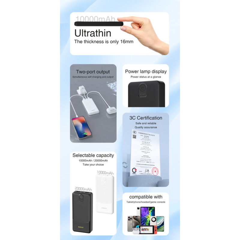 Dudao K10 10000 mAh akupank, 2 x USB-A, 2,4 A, valge