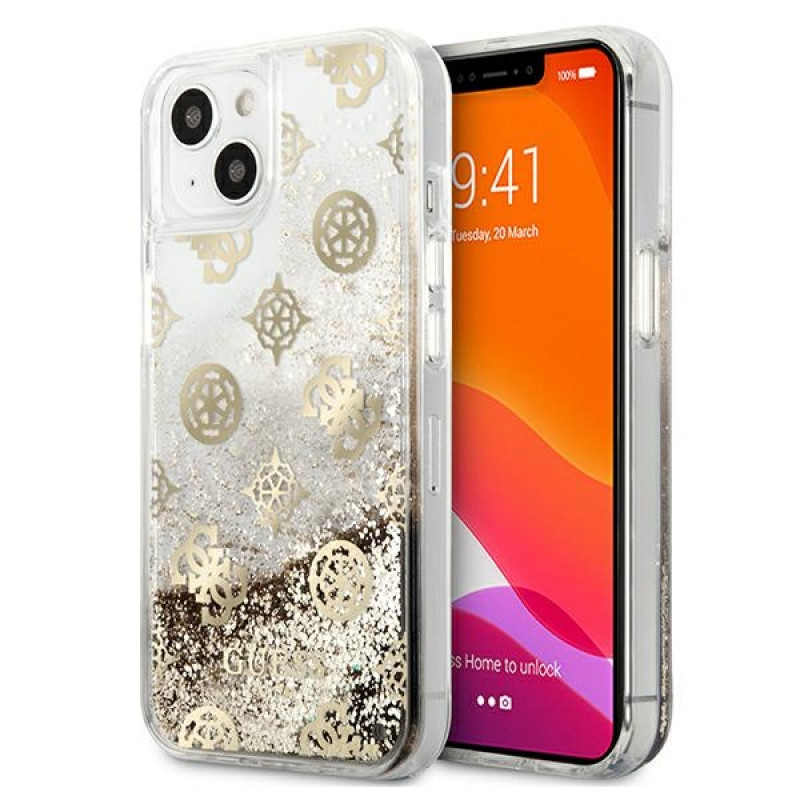 Guess GUHCP13SLGPEGO Apple iPhone 13 mini hardcase Peony Liquid Glitter, kuldne