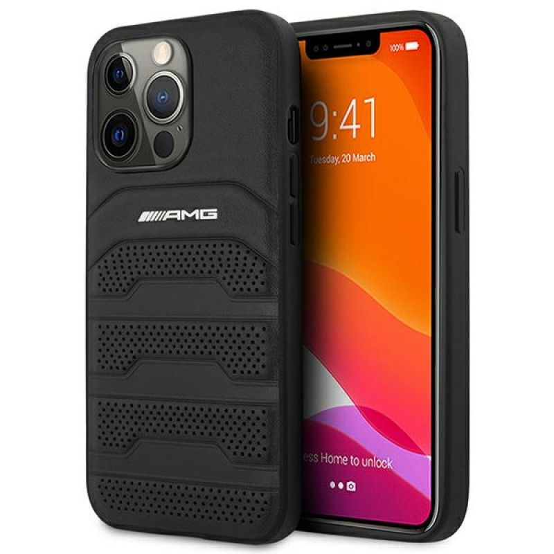 Mercedes-AMG AMHCP14LGSEBK Apple iPhone 14 Pro kõvakate, Leather Debossed Lines, must