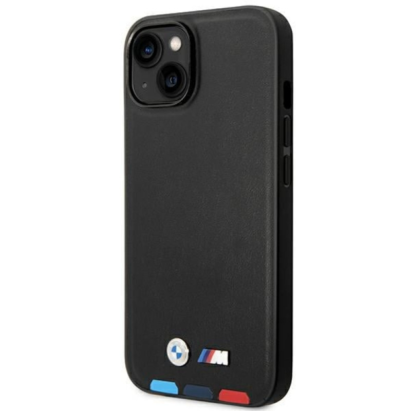 BMW BMHMP14S22PTDK Apple iPhone 14 ümbris, Leather Stamp Tricolor MagSafe, must