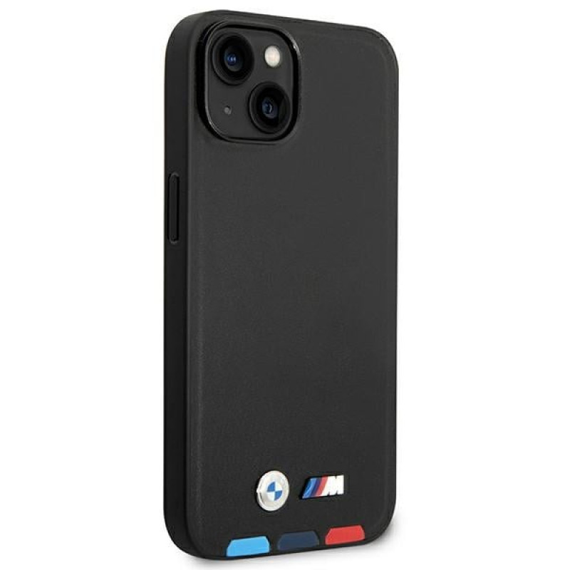 BMW BMHMP14S22PTDK Apple iPhone 14 ümbris, Leather Stamp Tricolor MagSafe, must
