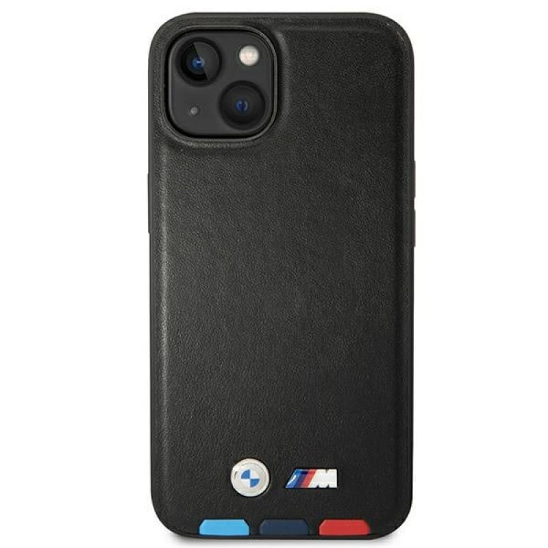 BMW BMHMP14M22PTDK Apple iPhone 14 Plus / 15 Plus ümbris, Leather Stamp Tricolor MagSafe, must