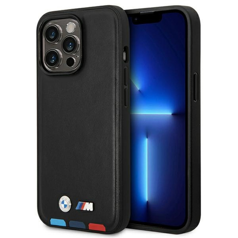 BMW BMHMP14X22PTDK Apple iPhone 14 Pro Max ümbris, Leather Stamp Tricolor MagSafe, must