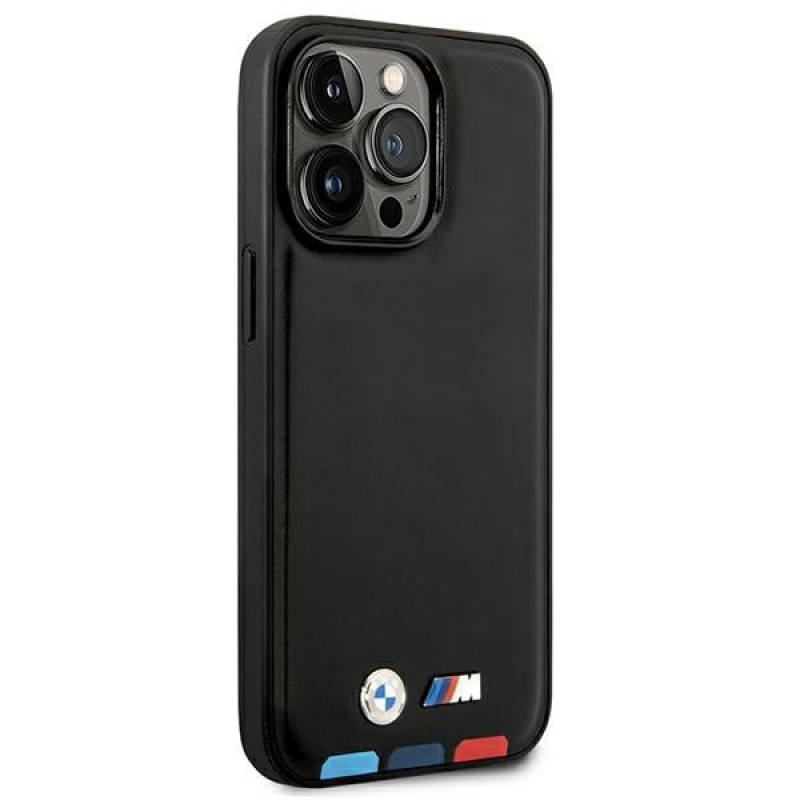 BMW BMHMP14X22PTDK Apple iPhone 14 Pro Max ümbris, Leather Stamp Tricolor MagSafe, must