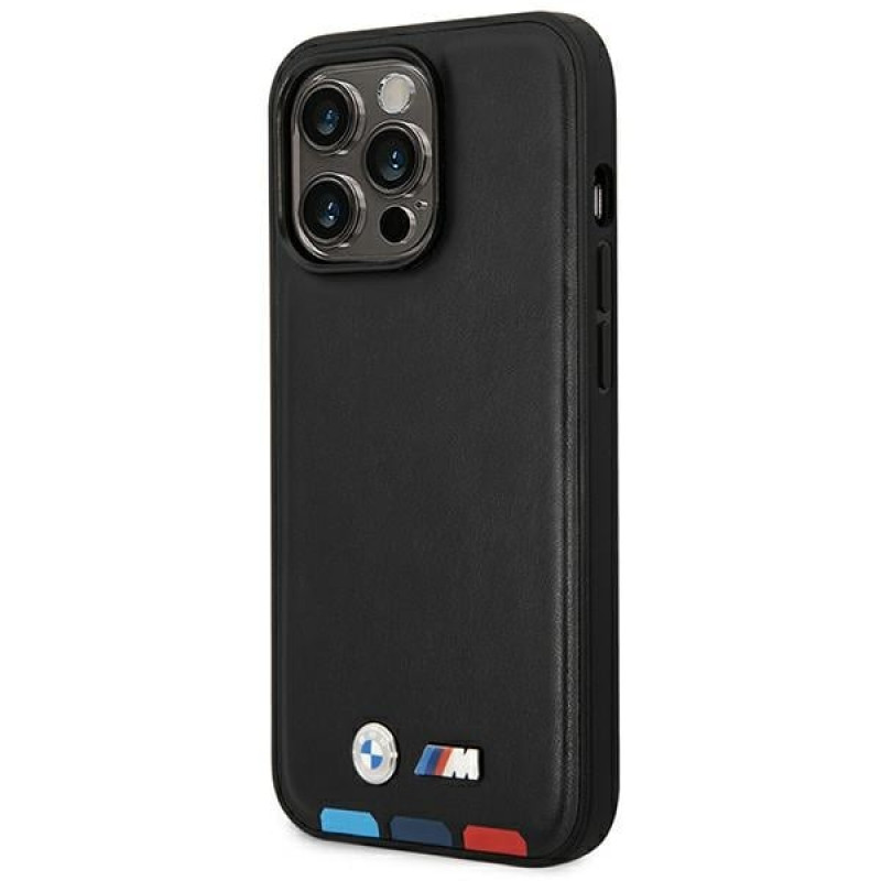 BMW BMHMP14L22PTDK Apple iPhone 14 Pro ümbris, Leather Stamp Tricolor MagSafe, must