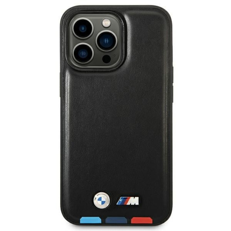 BMW BMHMP14L22PTDK Apple iPhone 14 Pro ümbris, Leather Stamp Tricolor MagSafe, must