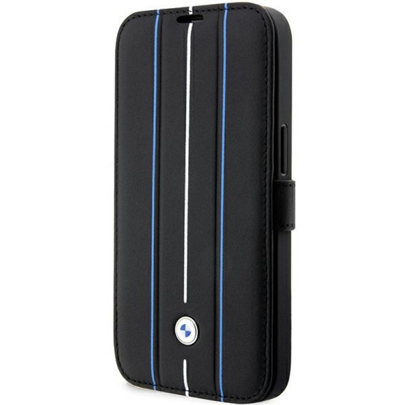 BMW BMBKP14L22RVSK Leather Stamp Blue Lines raamatukujuline ümbris Apple iPhone 14 Pro 6.1" jaoks, must