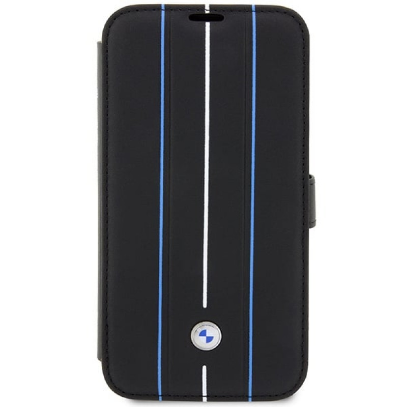 BMW BMBKP14L22RVSK Leather Stamp Blue Lines raamatukujuline ümbris Apple iPhone 14 Pro 6.1" jaoks, must