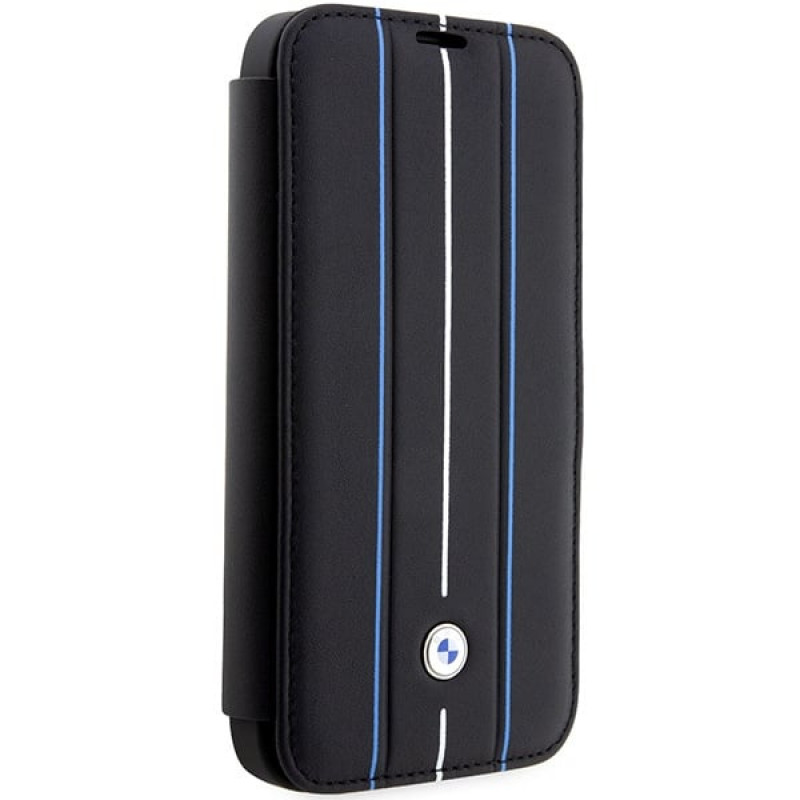 BMW BMBKP14L22RVSK Leather Stamp Blue Lines raamatukujuline ümbris Apple iPhone 14 Pro 6.1" jaoks, must