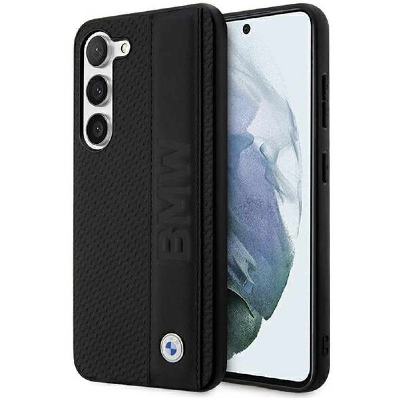 BMW BMHCS23M22RDPK Leather Textured & Stripe kõvakate Samsung Galaxy S23+ (S916) jaoks, must