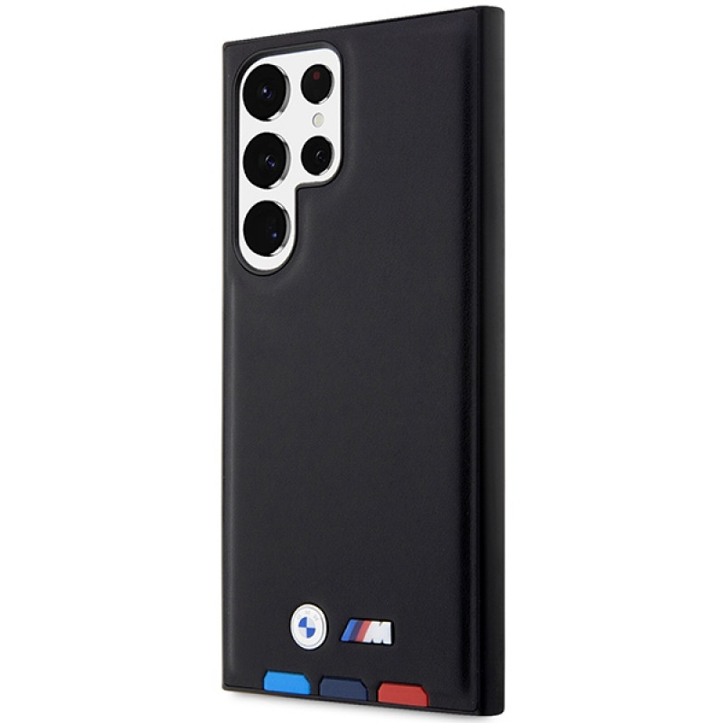 BMW BMHCS23L22PTDK Leather Stamp Tricolor kõvakate Samsung Galaxy S23 Ultra (S918) jaoks, must
