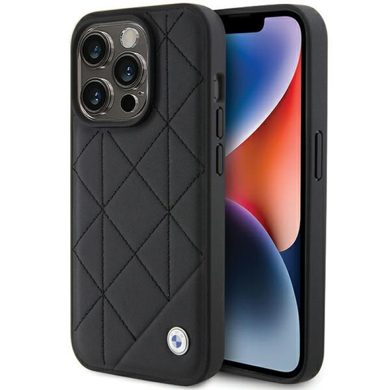 BMW BMHCP15X22RQDK Leather Quilted ümbris Apple iPhone 15 Pro Max jaoks, must