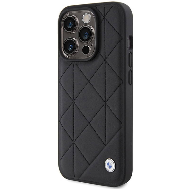 BMW BMHCP15X22RQDK Leather Quilted ümbris Apple iPhone 15 Pro Max jaoks, must