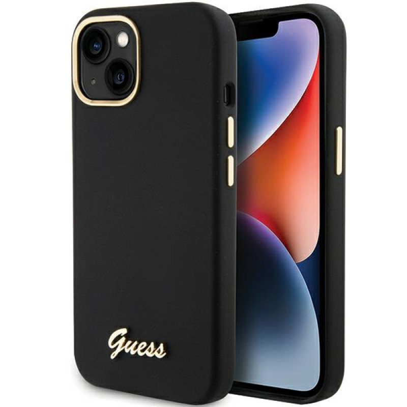 Guess GUHCP15SSMBSLK Silicone Script Metal Logo & Frame Hardcase Apple iPhone 15 / 14 / 13 jaoks, must