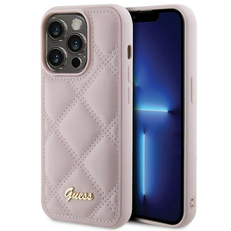 Guess GUHCP15LPSQSQSP Quilted Metal Logo kõvakate Apple iPhone 15 Pro jaoks, roosa