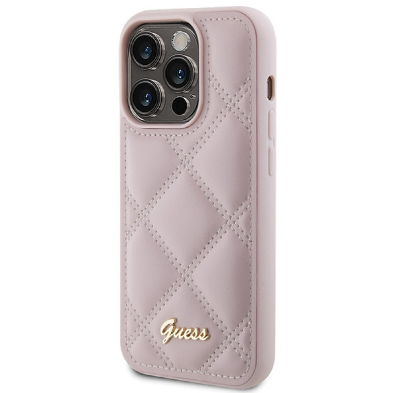 Guess GUHCP15LPSQSQSP Quilted Metal Logo kõvakate Apple iPhone 15 Pro jaoks, roosa