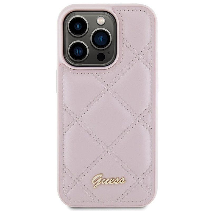 Guess GUHCP15LPSQSQSP Quilted Metal Logo kõvakate Apple iPhone 15 Pro jaoks, roosa