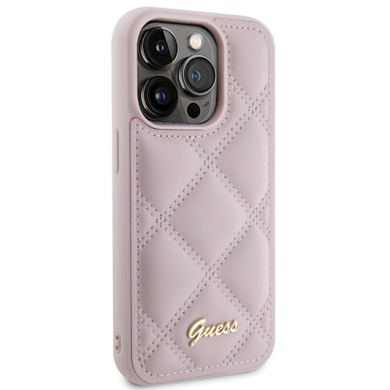 Guess GUHCP15LPSQSQSP Quilted Metal Logo kõvakate Apple iPhone 15 Pro jaoks, roosa