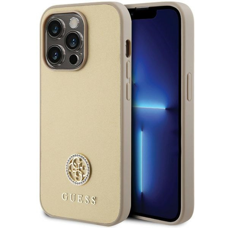 Guess GUHCP15LPS4DGPD PU 4G Strass Metal Logo kaitsekott Apple iPhone 15 Pro jaoks, kuldne