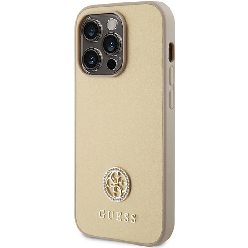 Guess GUHCP15LPS4DGPD PU 4G Strass Metal Logo kaitsekott Apple iPhone 15 Pro jaoks, kuldne