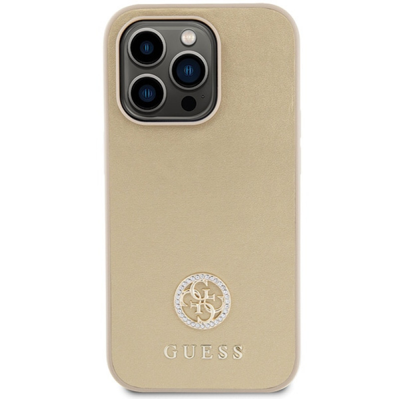 Guess GUHCP15LPS4DGPD PU 4G Strass Metal Logo kaitsekott Apple iPhone 15 Pro jaoks, kuldne
