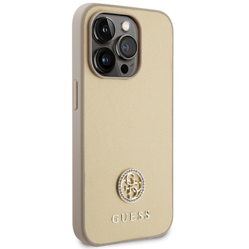Guess GUHCP15LPS4DGPD PU 4G Strass Metal Logo kaitsekott Apple iPhone 15 Pro jaoks, kuldne