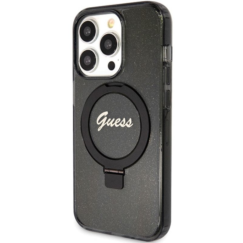 Guess GUHMP15LHRSGSK Ring Stand Script Glitter MagSafe kõvakate Apple iPhone 15 Pro jaoks, must