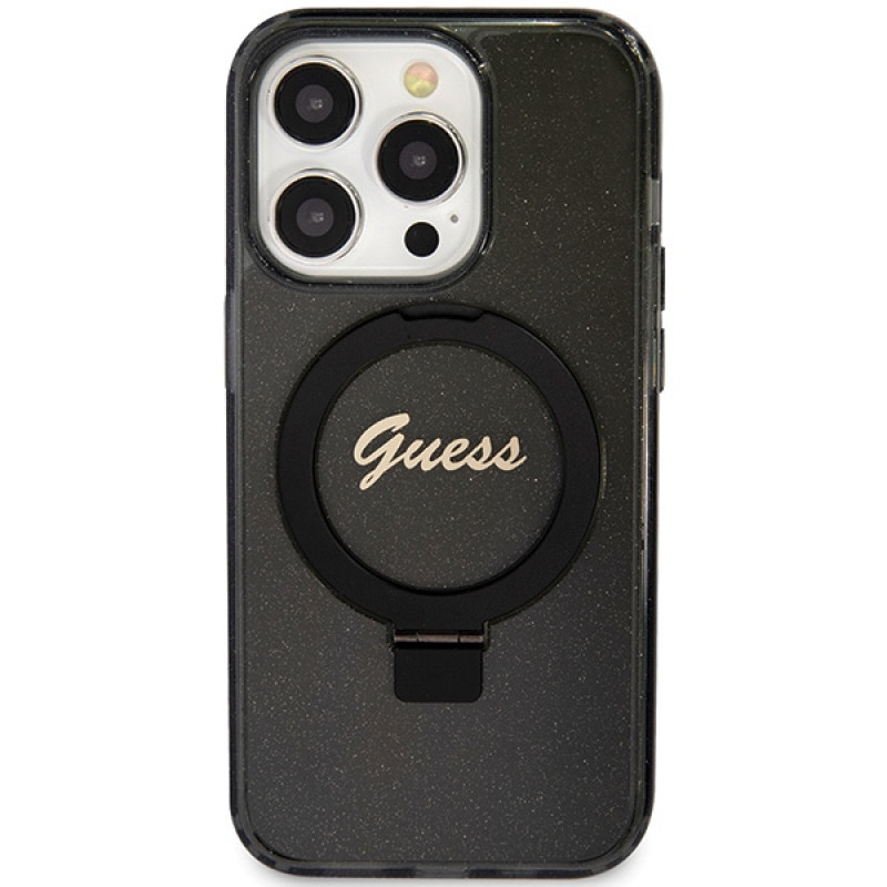 Guess GUHMP15LHRSGSK Ring Stand Script Glitter MagSafe kõvakate Apple iPhone 15 Pro jaoks, must
