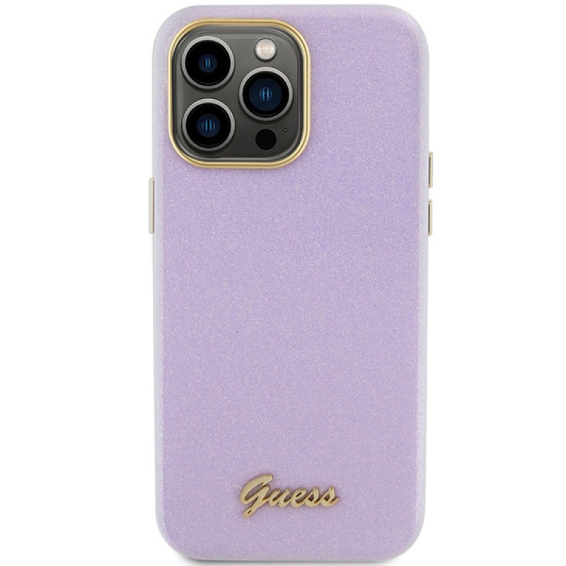 Guess GUHCP15XPGMCSL Glitter Glossy Script kõvakate Apple iPhone 15 Pro Max-le, lilla