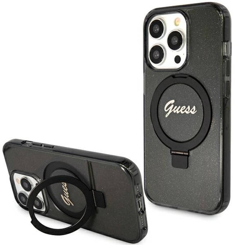 Guess GUHMP15XHRSGSK Ring Stand Script Glitter MagSafe kõvakate Apple iPhone 15 Pro Max-le, must
